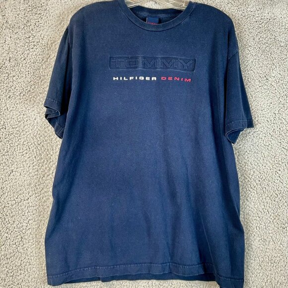Tommy Hilfiger Jeans Embroidered T Shirt  Big Flag Logo Graphic Size Large Y2K - Picture 1 of 3